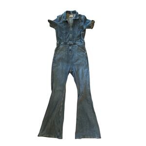 Women XL We The Free People Jayde Flare Jumpsuit Denim Jean Zip Short Slv